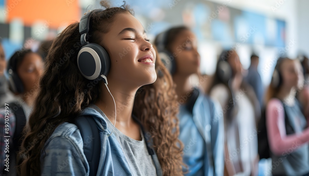Group of diverse teenagers enjoying music with headphones in a classroom setting, expressing happiness and relaxation.