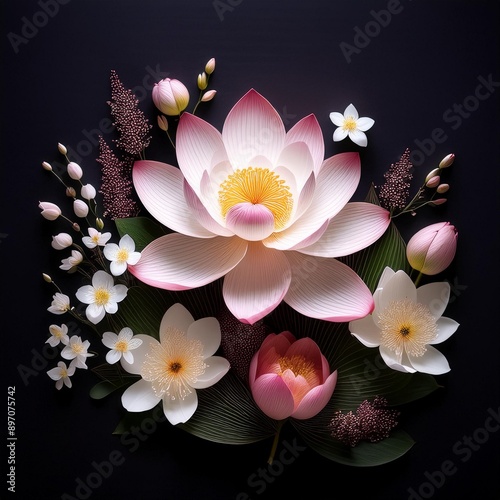 A Japanese flower arrangement using Lotus Blossom, Cherry Blossom, Orchid, and Baby’s Breath