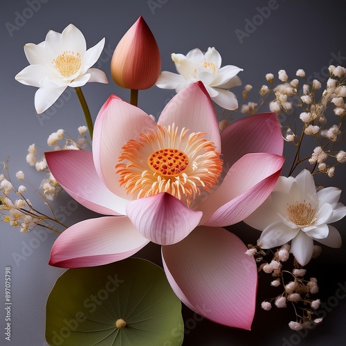 A Japanese flower arrangement using Lotus Blossom, Cherry Blossom, Orchid, and Baby’s Breath