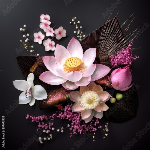 A Japanese flower arrangement using Lotus Blossom, Cherry Blossom, Orchid, and Baby’s Breath