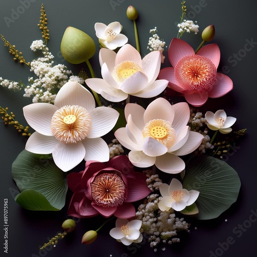 A Japanese flower arrangement using Lotus Blossom, Cherry Blossom, Orchid, and Baby’s Breath