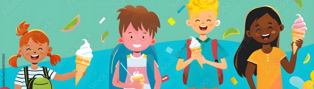 Happy children enjoying ice cream on a sunny day. Bright, joyful illustration of kids having fun outdoors. Happy children enjoying ice cream on a sunny day. Bright, joyful illustration of kids having fun outdoors.