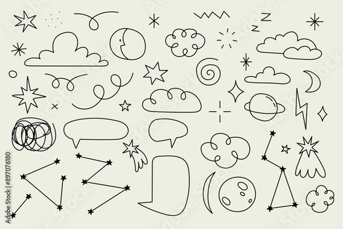 Vector collection of night sky doddles: stars, clouds, moon, constellations etc