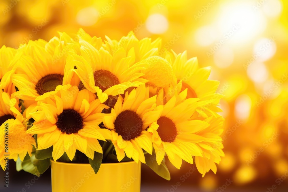 Fototapeta premium Bouquet with blooming sunflowers with green leaves in vase on blurred sunny summer background. Harvest, agriculture, farming concept. Beautiful floral greeting card, banner, poster with copy space