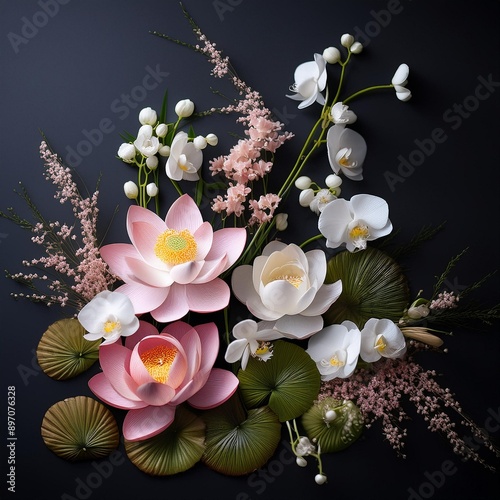 A Japanese flower arrangement using Lotus Blossom, Cherry Blossom, Orchid, and Baby’s Breath