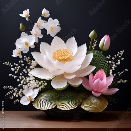 A Japanese flower arrangement using Lotus Blossom, Cherry Blossom, Orchid, and Baby’s Breath
