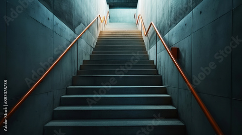 Concrete staircase with orange handrails in a modern building, leading upwards into bright light.