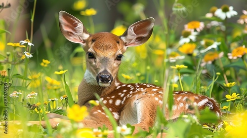 Gentle baby deer in a meadow of wildflowers, for a touch of wilderness and innocence