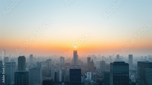 City Skyline with Sun Rising Behind Skyscraper. Sunrise behind a prominent skyscraper in a city skyline, casting a warm glow over the urban landscape.