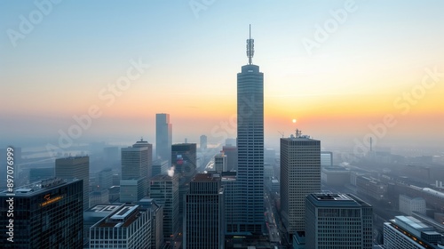 Sunrise Over Skyscrapers and Cityscape. Panoramic view of skyscrapers and cityscape at sunrise, showcasing modern urban architecture bathed in morning light.