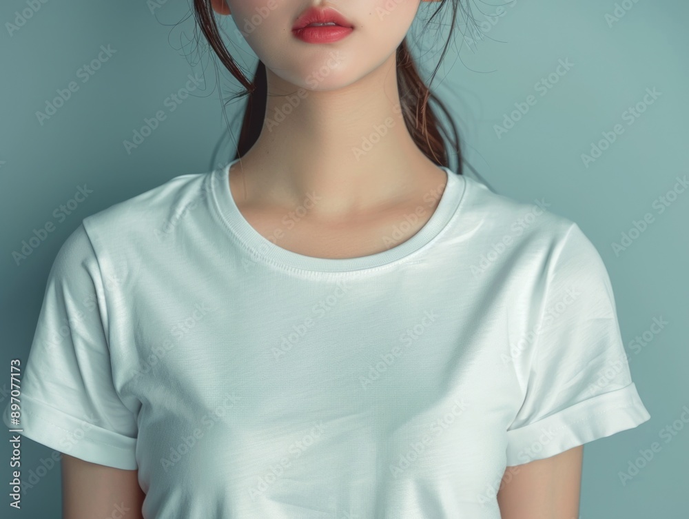 Fototapeta premium A woman posing for a photo while wearing a white t-shirt