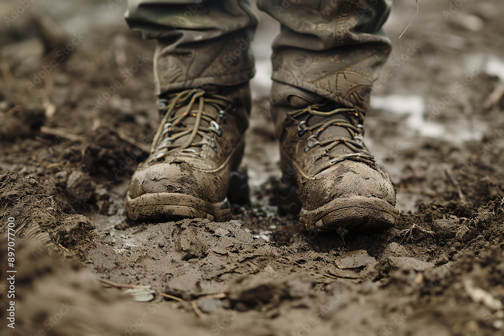 Rugged Terrain and Mud-Covered Shoes Depicting Durability Rugged Terrain and Mud-Covered Shoes Depicting Durability