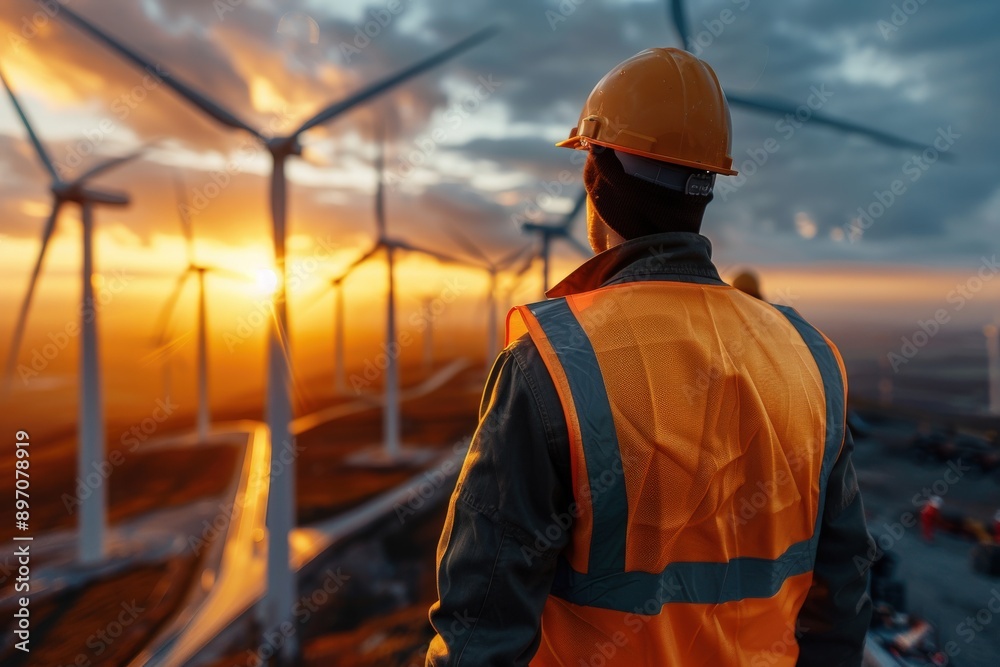 A worker in a hard hat and orange vest stands on a site with multiple wind turbines in the background, observing the renewable energy machinery as the sun sets. A worker in a hard hat and orange vest stands on a site with multiple wind turbines in the background, observing the renewable energy machinery as the sun sets.
