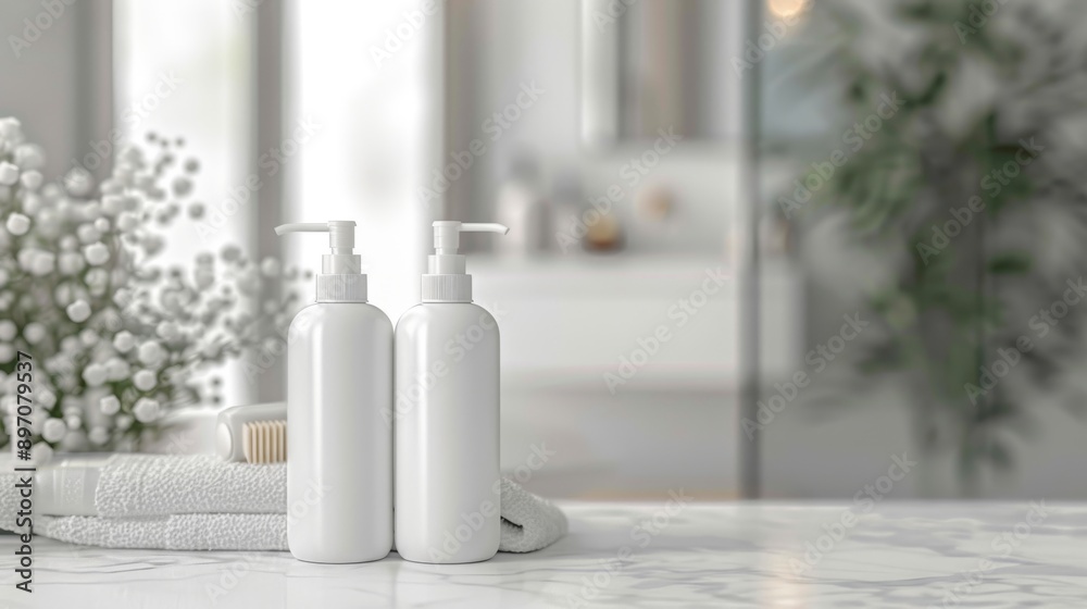 White Pump Bottles with Towels and Flowers on a Marble Countertop White Pump Bottles with Towels and Flowers on a Marble Countertop