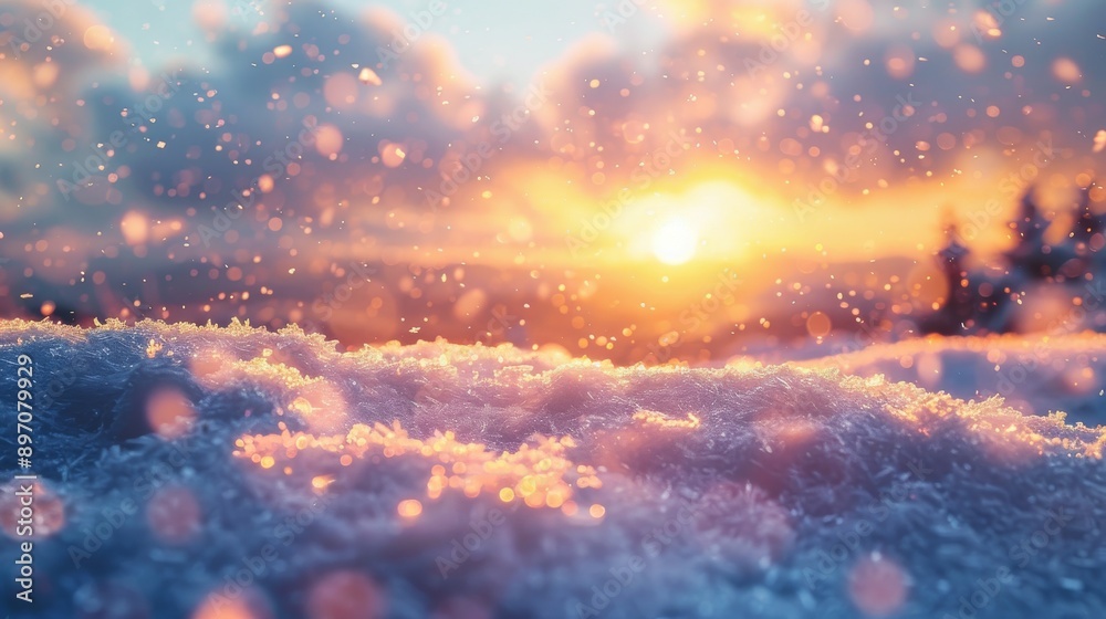 Fototapeta premium Close-up of Snow-Covered Ground with a Sunset and Bokeh Lights