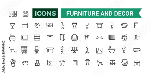 Furniture and Decor icons collection. Outline icons pack. Editable vector icon set and illustration for web and UI.