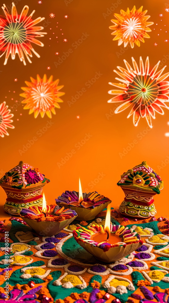 Vivid Diwali scene with a bright orange backdrop, showcasing a festive arrangement of colorful rangoli designs, decorative lanterns, and celebratory fireworks. Oriental festival of lights. Ramadan