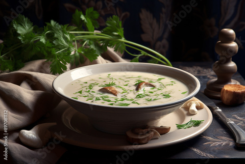 a bowl of soup with mushrooms and parsley photo