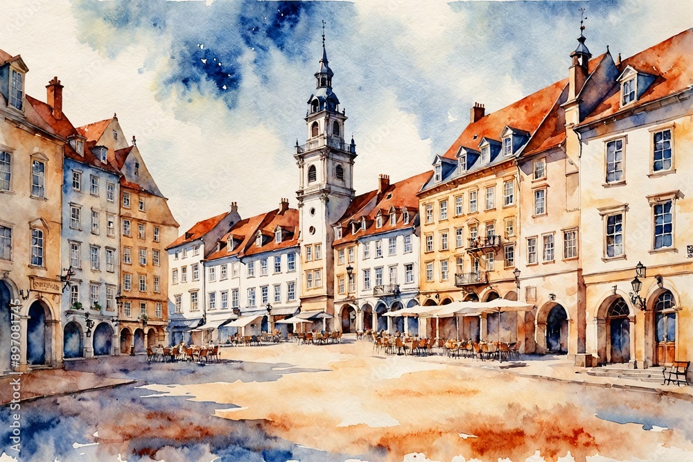 Fototapeta premium A charming watercolor of a historic town square with space for text