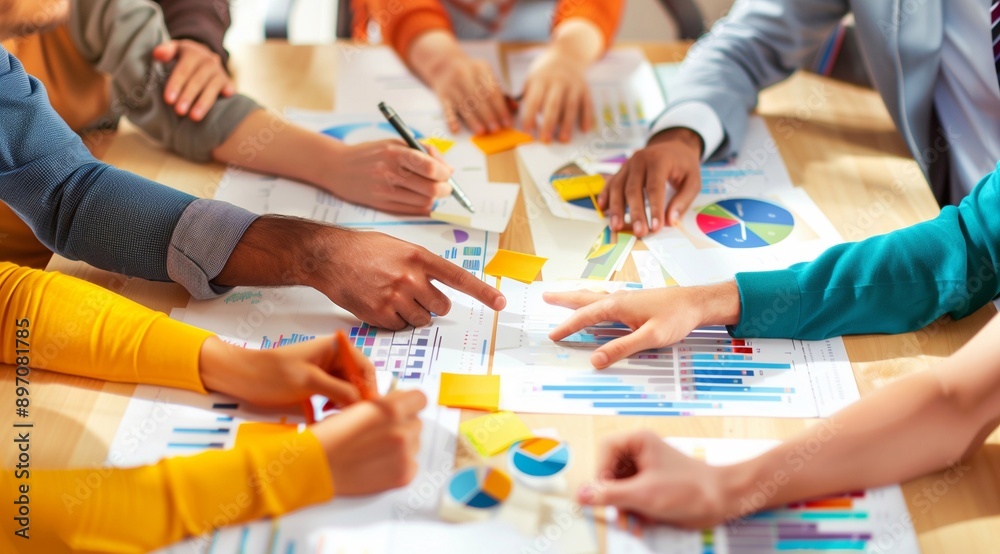 a business team meeting. A diverse group of people are discussing marketing data around a large table with charts and graphs. Natural daylight is casting soft shadows in the office environment. a business team meeting. A diverse group of people are discussing marketing data around a large table with charts and graphs. Natural daylight is casting soft shadows in the office environment.