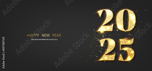 2025 golden glitter New Year number. Greeting and celebration design with Merry Christmas 2025 vector design for poster, banner, calendar and more