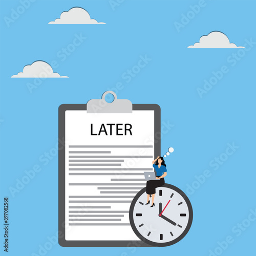 Stressed because a lot of work has piled up, delaying work or wasting time, Stressful businesswoman complete work that has piled up because they are wasting time concept