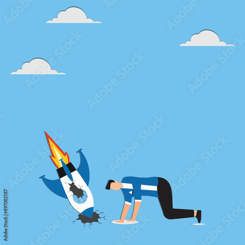 Failed and crashed business rocket startup, sad businessman with broken rocket illustration, business failure concept