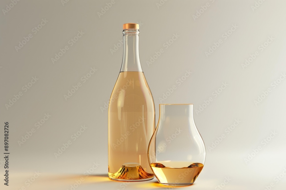 Bottle and a glass of whisky are sitting on a table with a light background