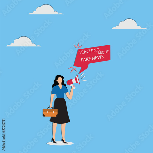Fake news or misleading information from social media that creates misunderstandings, masked businesswoman using megaphone conveying fake news or hoax vector illustration, spreading fake news or hoax