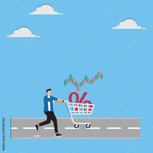 Big discounts or increased dividends from stock investments with happy businessman carrying big percentage icon in shopping cart, stock market rising up from economic recovery concept