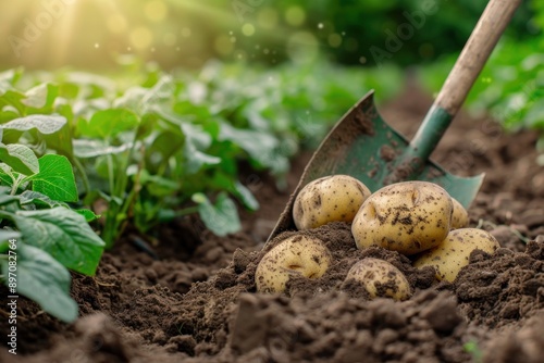 Closeup of shovel with soil with potato field bokeh photo