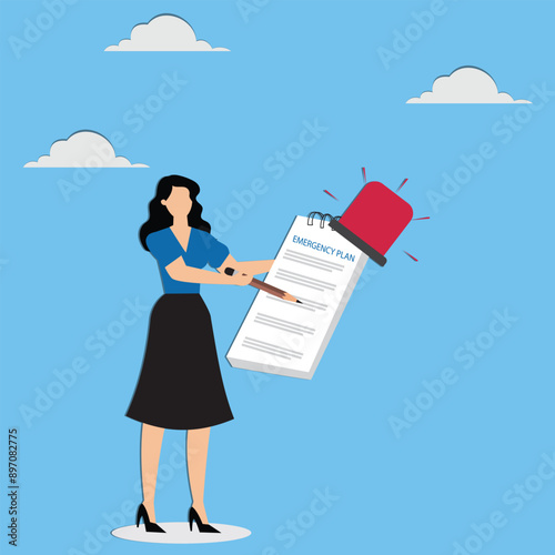 Business emergency action plan with businesswoman holding pencil standing next to siren and emergency plan list paper, emergency action plan, emergency action plan when business disaster occurs