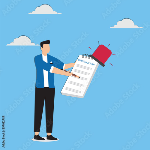Business emergency action plan with businessman holding pencil standing next to siren and emergency plan list paper, emergency action plan, emergency action plan when business disaster occurs