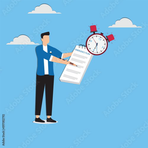 Business emergency plan or strategy illustration, emergency action plan, emergency action plan when business disaster occurs, business stand with a list of emergency plans with an alarm clock beeping
