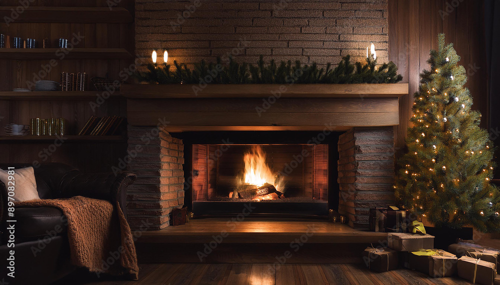ÁRVORE DE NATAL AO LADO DE LAREIRA ACESA EM SALA DE ESTAR ÁRVORE DE NATAL AO LADO DE LAREIRA ACESA EM SALA DE ESTAR