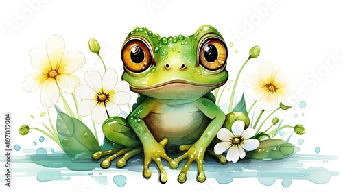 Cute cartoon style green frog with big eyes sitting on flowers