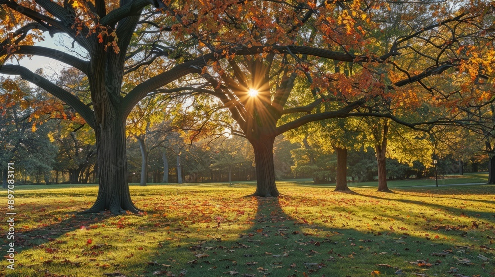 Naklejka premium The warm autumn sun beautifully shines through the colorful trees in high park, toronto, creating a breathtaking scene