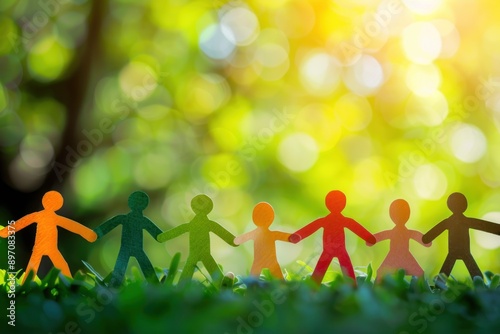 Colorful paper cut-out figures holding hands in a line, symbolizing unity and teamwork on a green background photo