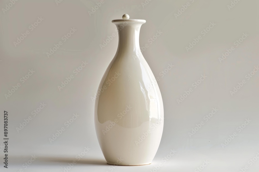 Elegant white ceramic vase with a lid, standing on a white background Elegant white ceramic vase with a lid, standing on a white background