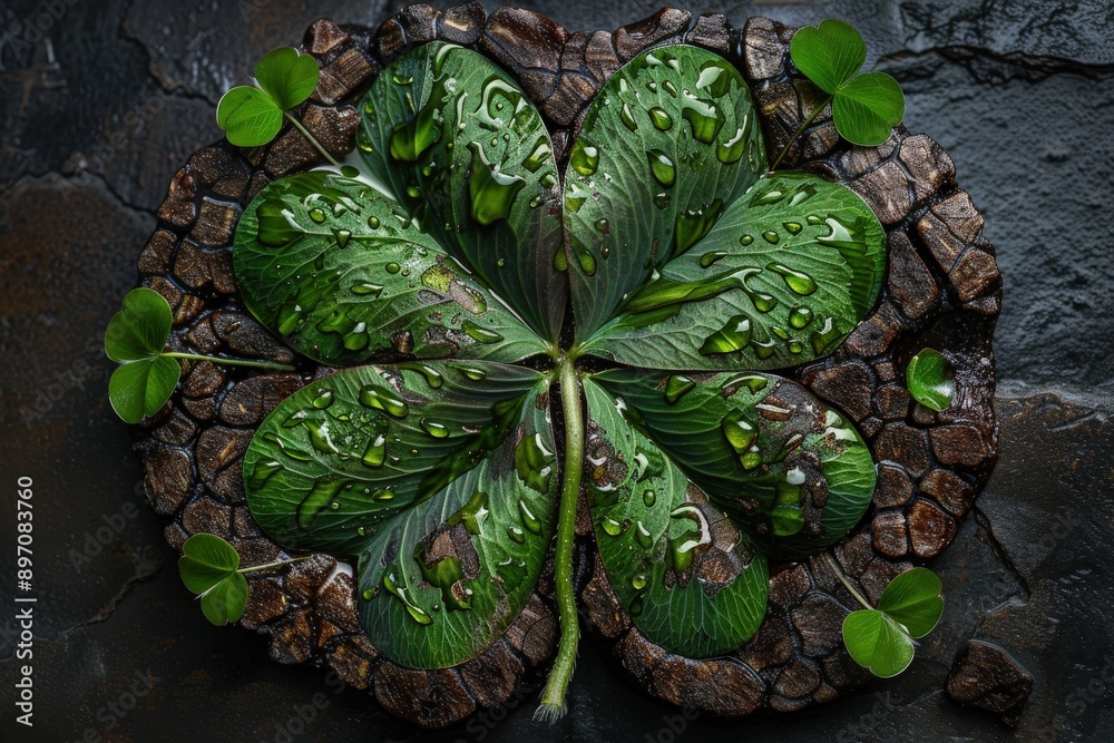 Fototapeta premium Dew drops cover clover leaves, creating a beautifully geometric and natural pattern in a dark, textured setting, symbolizing nature's resilience and serenity in simplicity.
