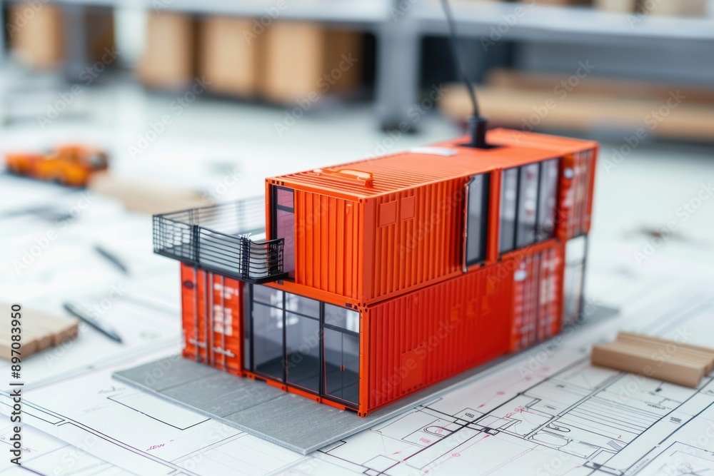 Obraz premium Construction site office, cargo container model on building blueprint plans