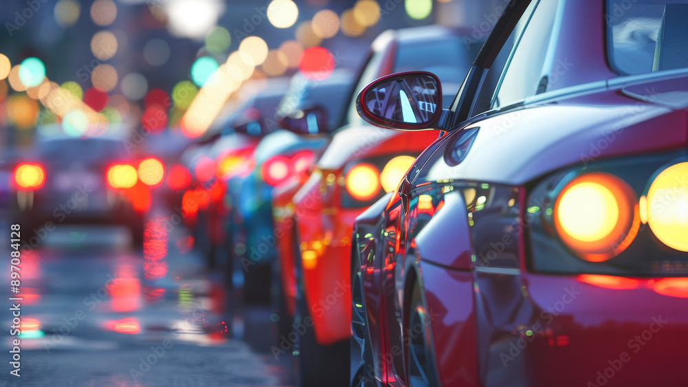 A row of cars parked on the side with their tail lights glowing A row of cars parked on the side with their tail lights glowing