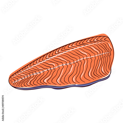 Slice fillet of salmon in flat style. Fresh piece fish product. Design for seafood restaurant menu. Vector illustration isolated on a white background.