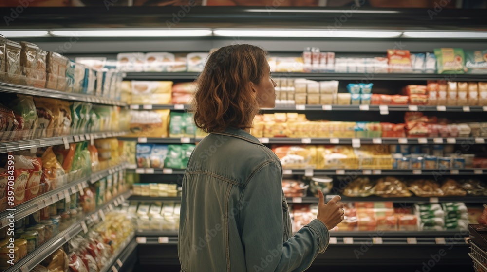 A woman comparing products in a grocery store A woman comparing products in a grocery store
