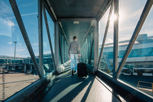 Travel by airplane. Rear view of man with hand baggage walking in passenger boarding bridge at airport on sunny day..
