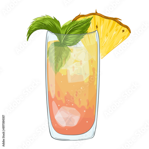 Mai Tai cocktail. Hand drawn cartoon illustration. Vector glass with colourful beverage, pineapple, ice cubes and peppermint. Mocktail. Isolated print on white background.