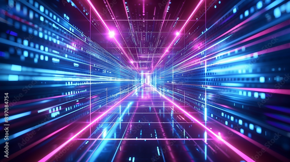 Neon Lights and Digital Data Flow in a Cyber Space Tunnel Neon Lights and Digital Data Flow in a Cyber Space Tunnel