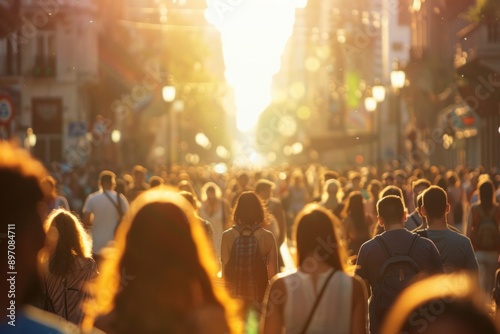 Crowd of people walking on city spring sunny street