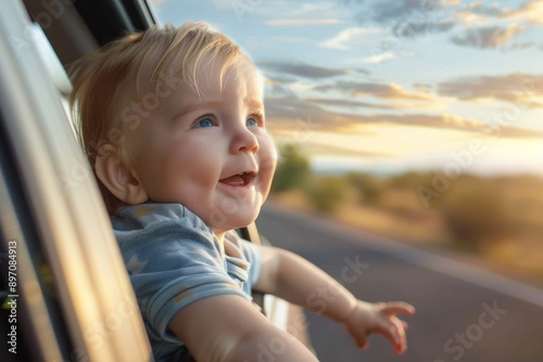 cute baby child with head out of the car window feeling the wind photo