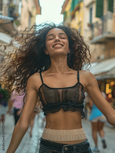 A woman wearing a bra top walks down the street, possibly on her way to work or school